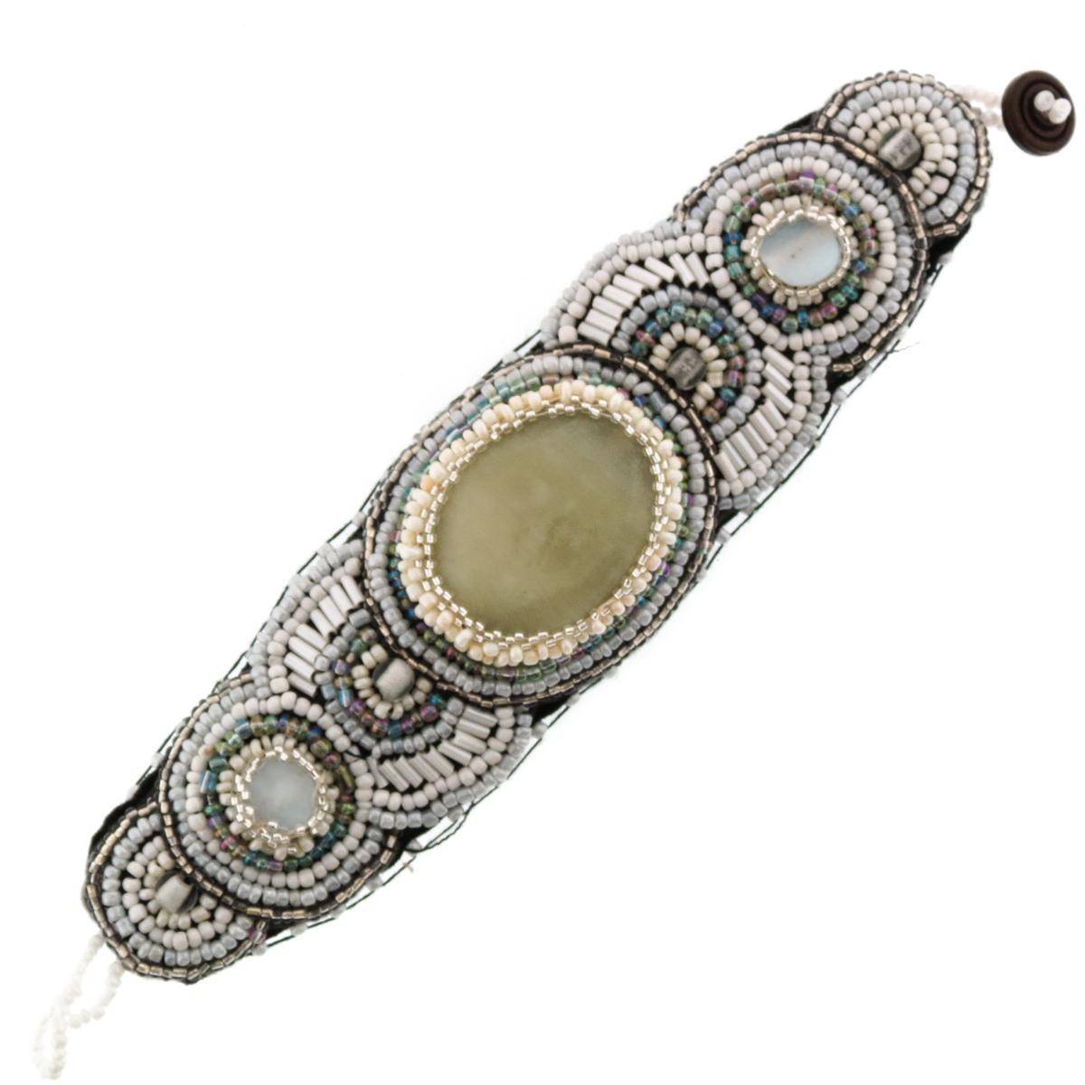 Wide Bohemian White Cream Glass Seed Beads Fashion Bracelet, 1 3/4″