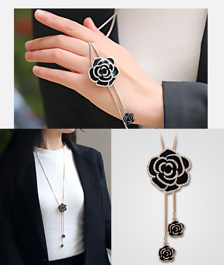 Women Girl Silver Tassel Rose Flower Pendant Necklace Chain Sweater Jewelry