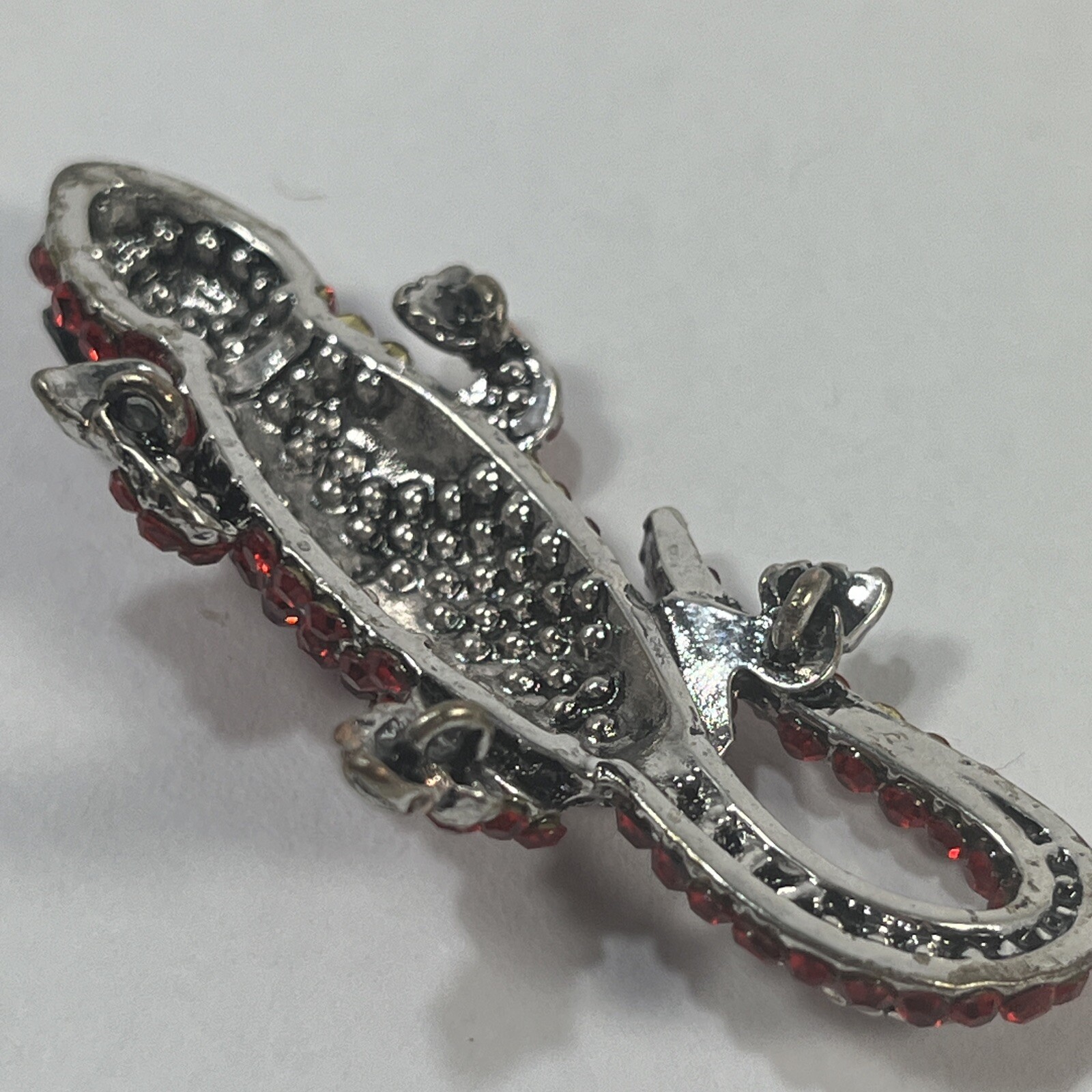 Gecko Red Rhinestone Lizard Pendant 2.25 In Silver