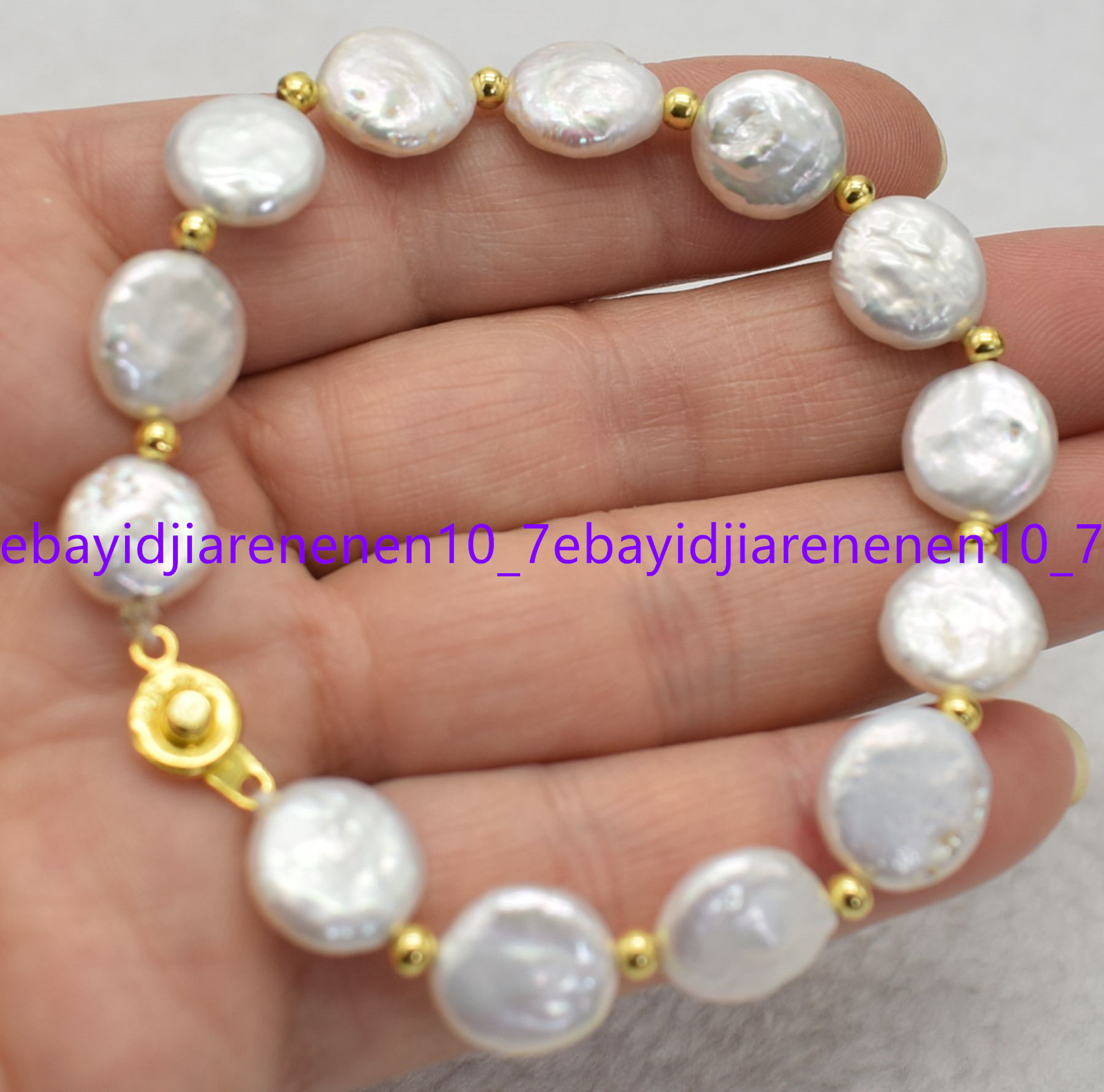 Natural 11-12mm White Freshwater Cultured Coin Pearl Bracelet 7.5 in