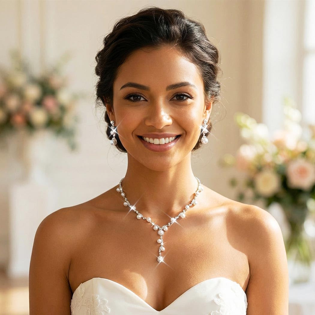 Silver Pearl Bridal Wedding Jewelry Set Rhinestone Necklace Earrings Bracelet Se