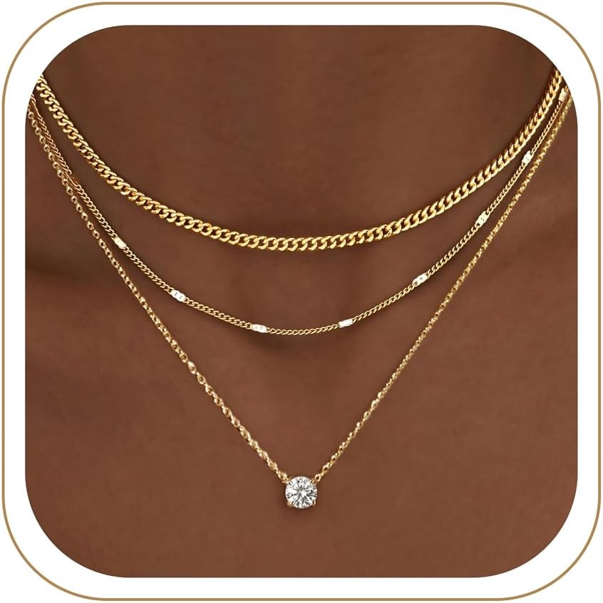 Layered Gold Necklaces for Women, 14K Gold Sterling Silver Plated Dainty Pendant