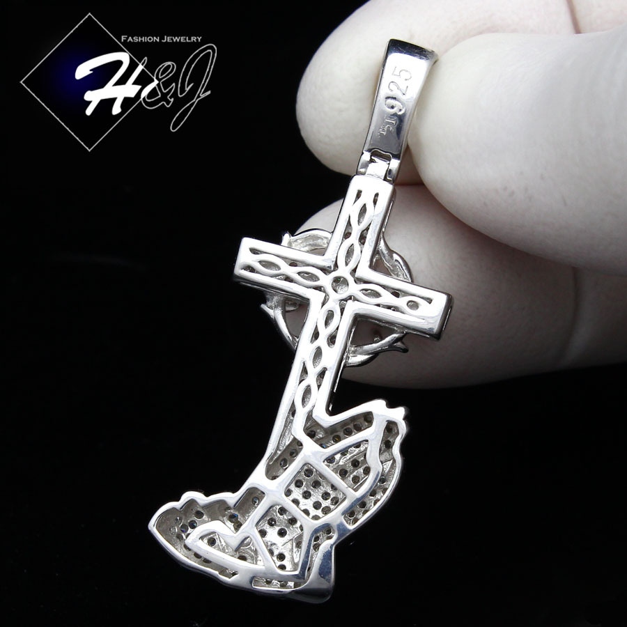 24″MEN 925 STERLING SILVER 2MM BEADED CHAIN CUBIC ZIRCONIA 3D CORSS PENDANT*S134
