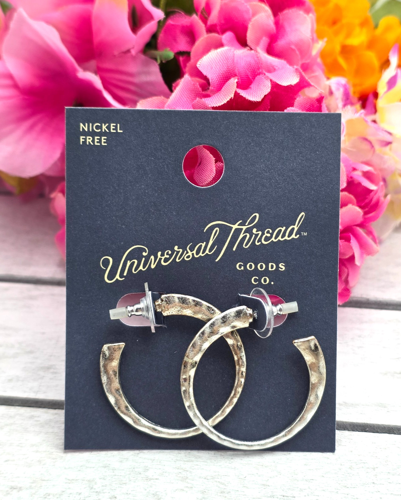 Universal Thread Silver Tone Hammered Hoop Earrings 33mm Nickel Free