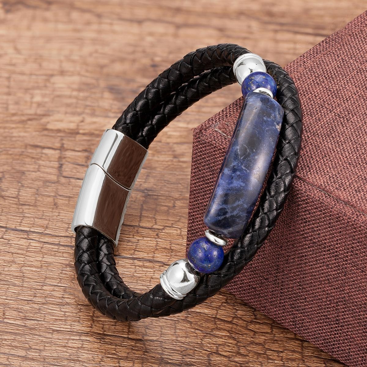 Men’s Multi-Layer Leather Bracelet with Natural Stone – Stainless Steel Clasp