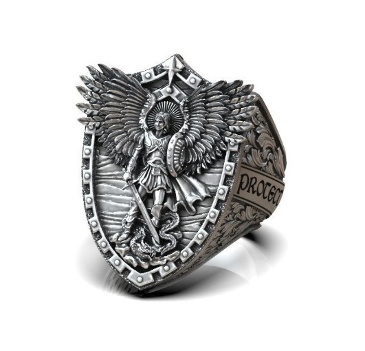 925 Sterling Silver Archangel Michael Ring Shield Warrior Angel Mens Ring