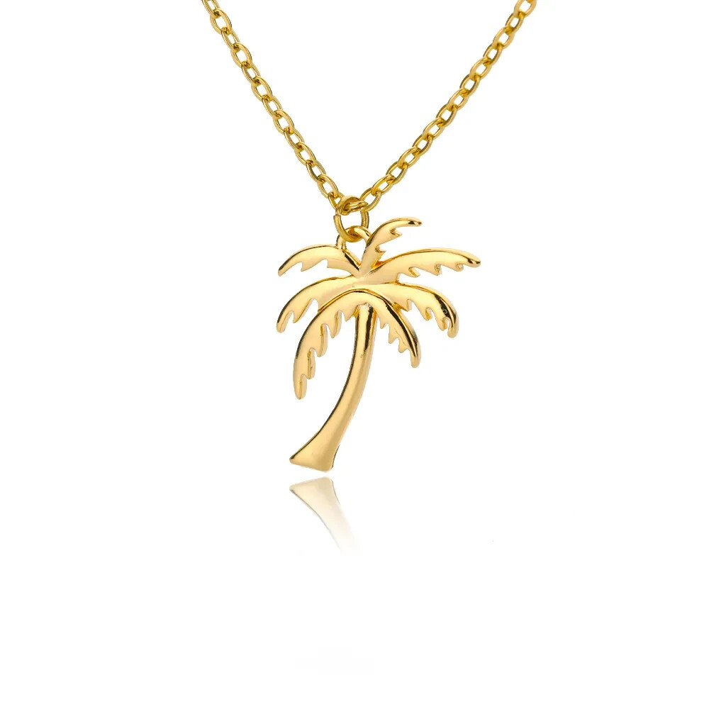 Gold Palm Tree Pendant Necklace Stainless Steel Coconut Tree, Beach Tropical