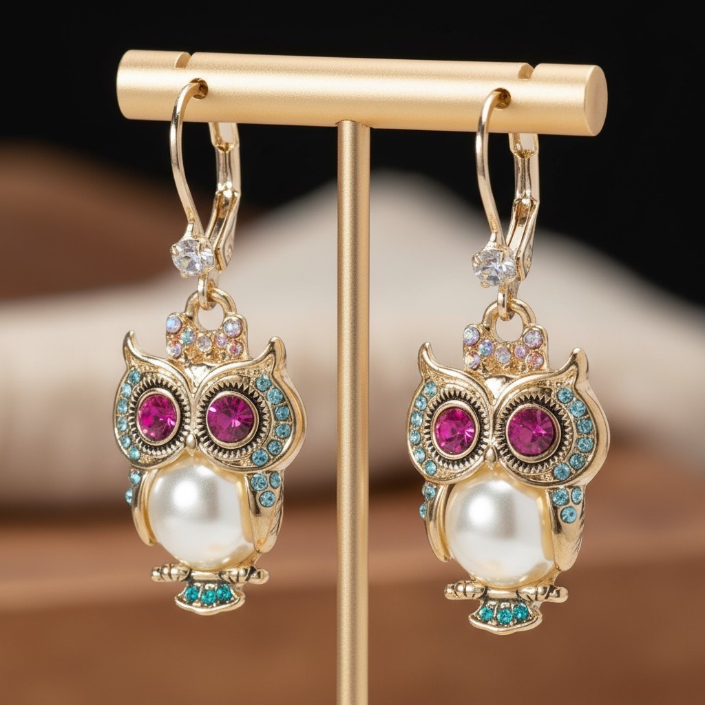 Betsey Johnson Pearl Owl Drop Earrings – Gold-Tone Critter Mixed Stone Accents