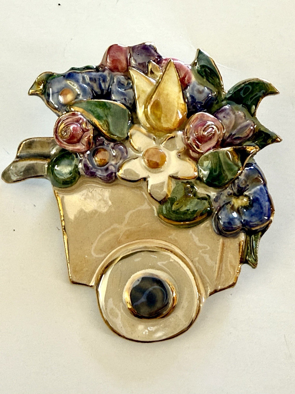 Ceramic Enamel Flower Wheelbarrow Brooch Pin Gold Embellished 3-D Effects 2.5”