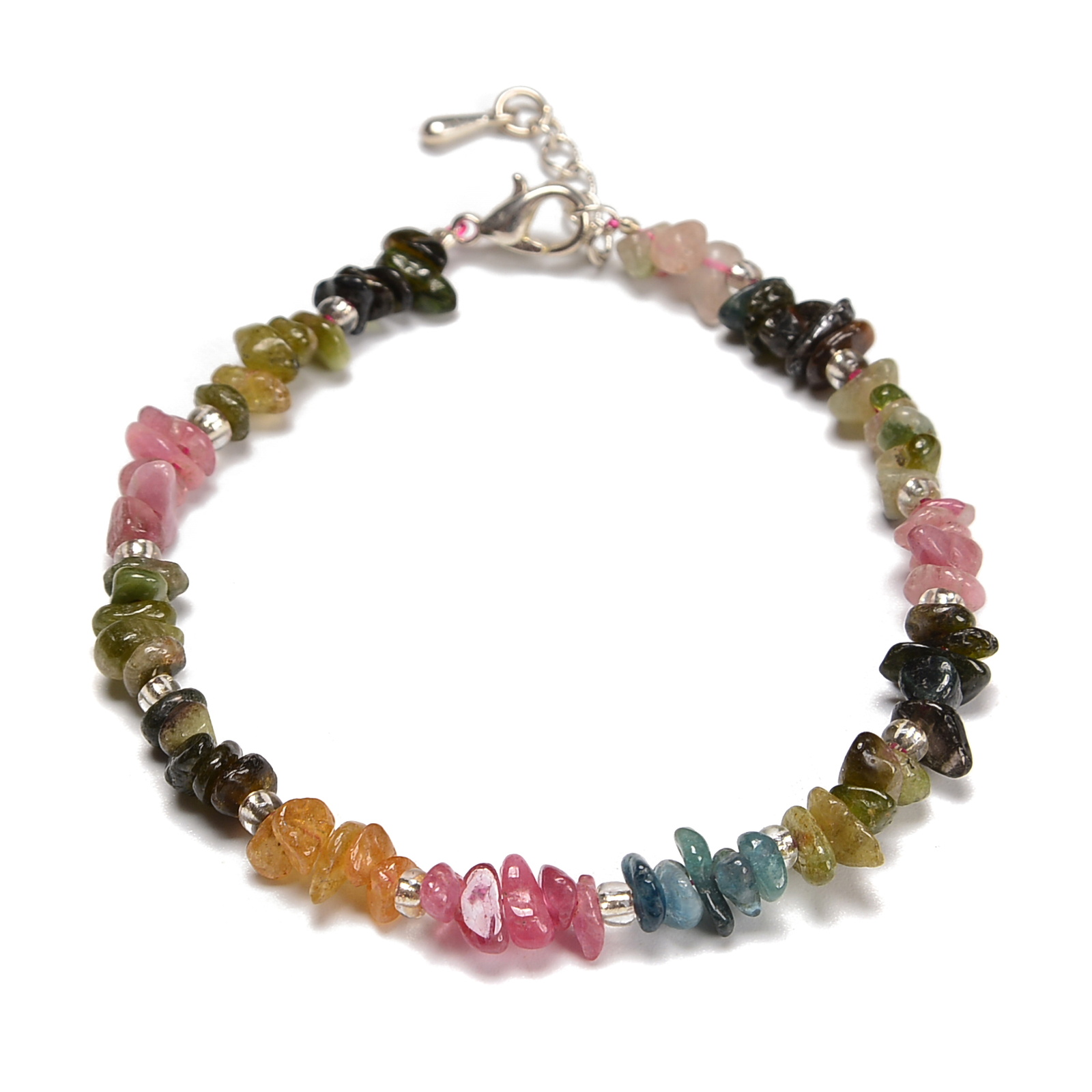 Multi Tourmaline Chips Beaded Bracelet Silver Plated Clasp 7.5″ Length