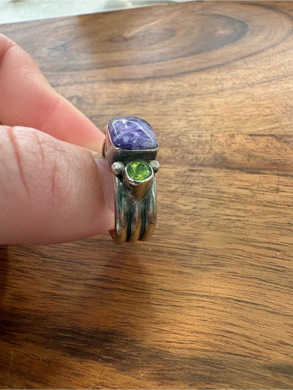 Bohemian Inspired Sterling Silver Ring with Purple and Green Stones – Size 7.5