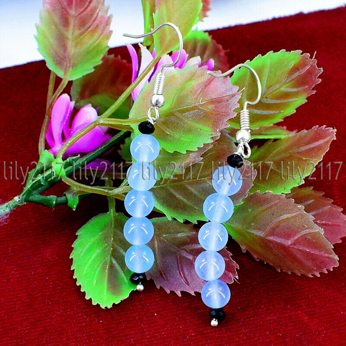 Natural 6mm Blue Chalcedony Round Gemstone Beads Silver Hook Dangle Earrings