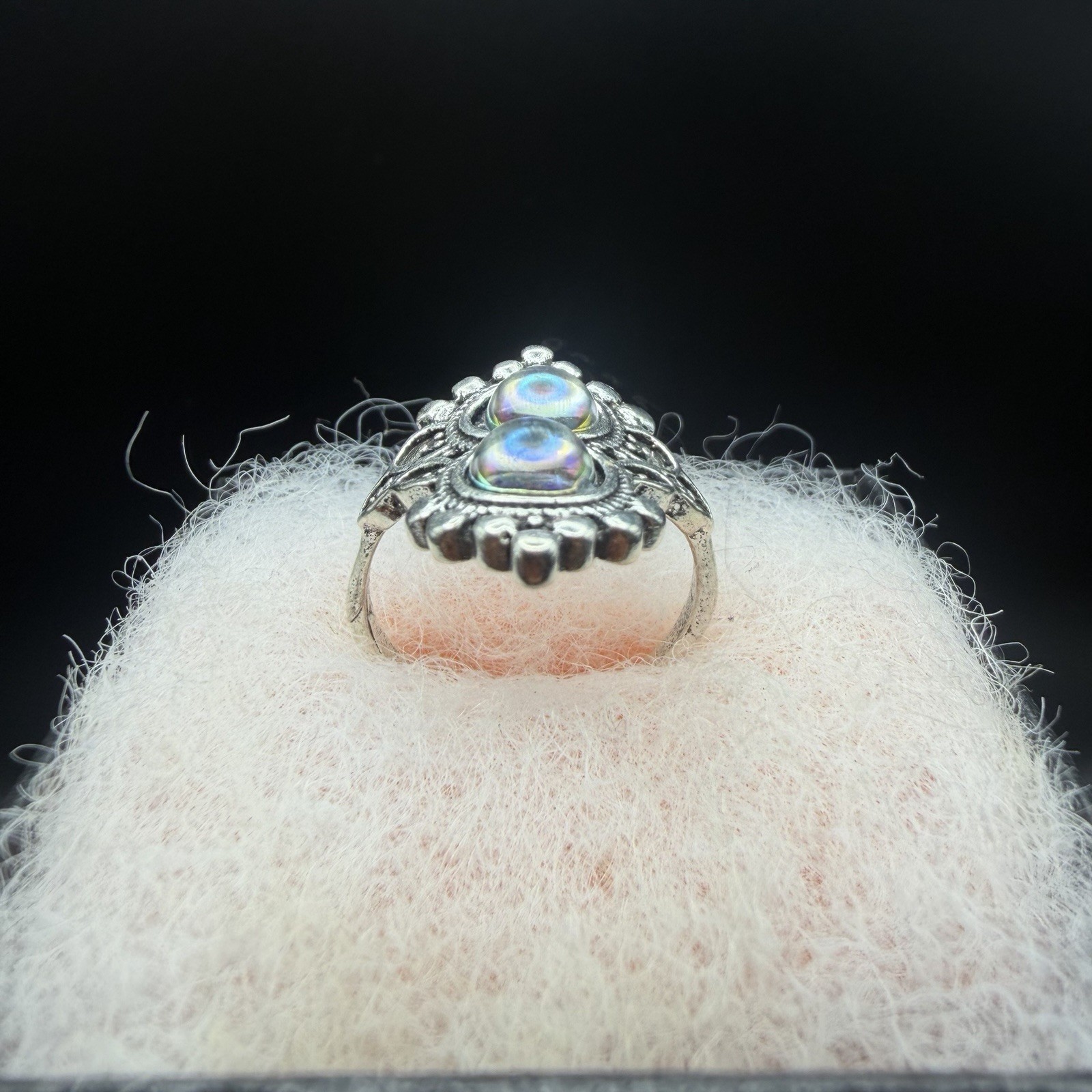 Boho Ring Magical Iridescent 2 Round Moonstone Gems Royal Ring Silver Tone Sz 7