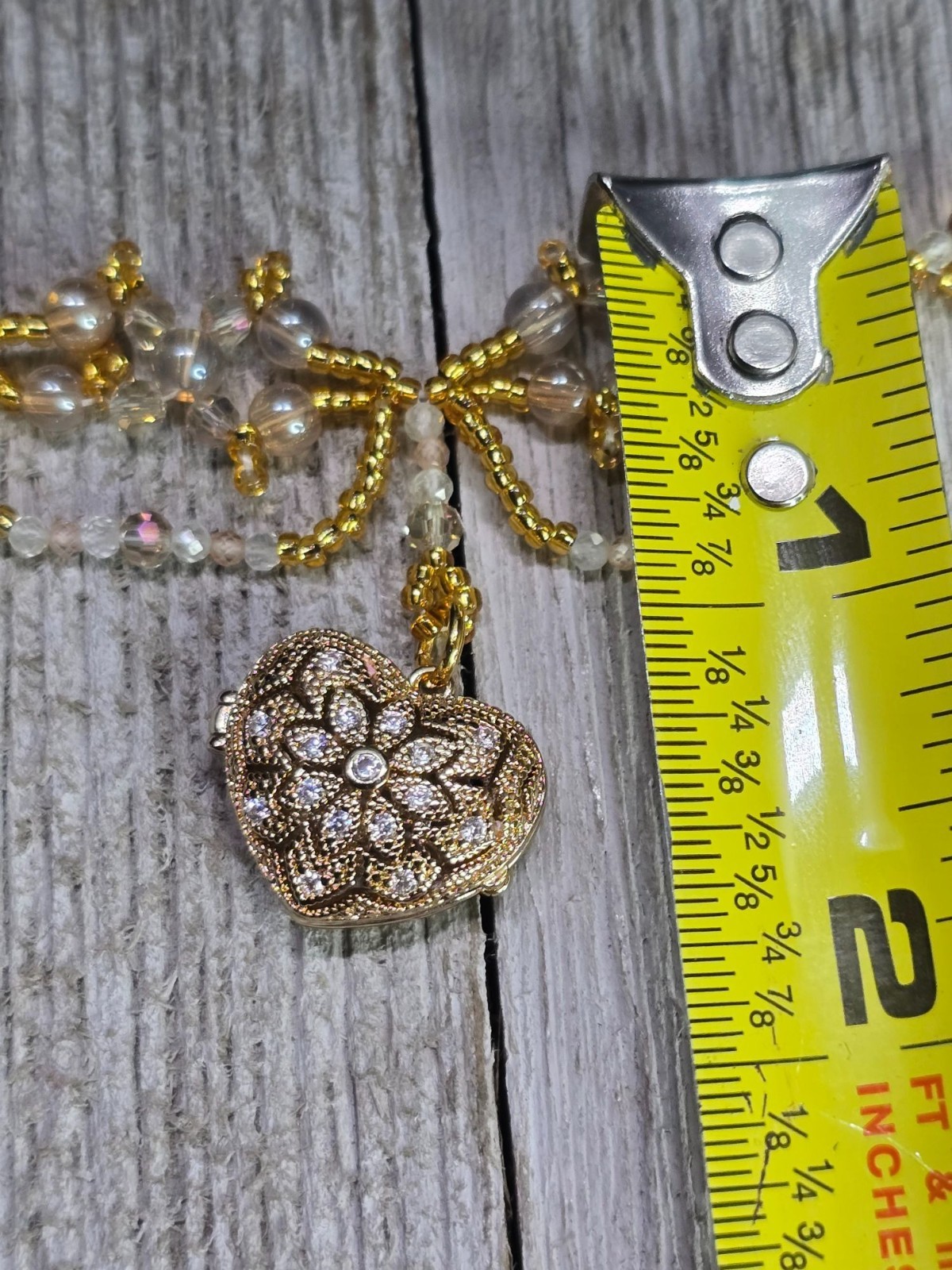 Handcrafted 18k Gold Plated Heart Locket Peach Zircon & Prehnite Beaded Necklace
