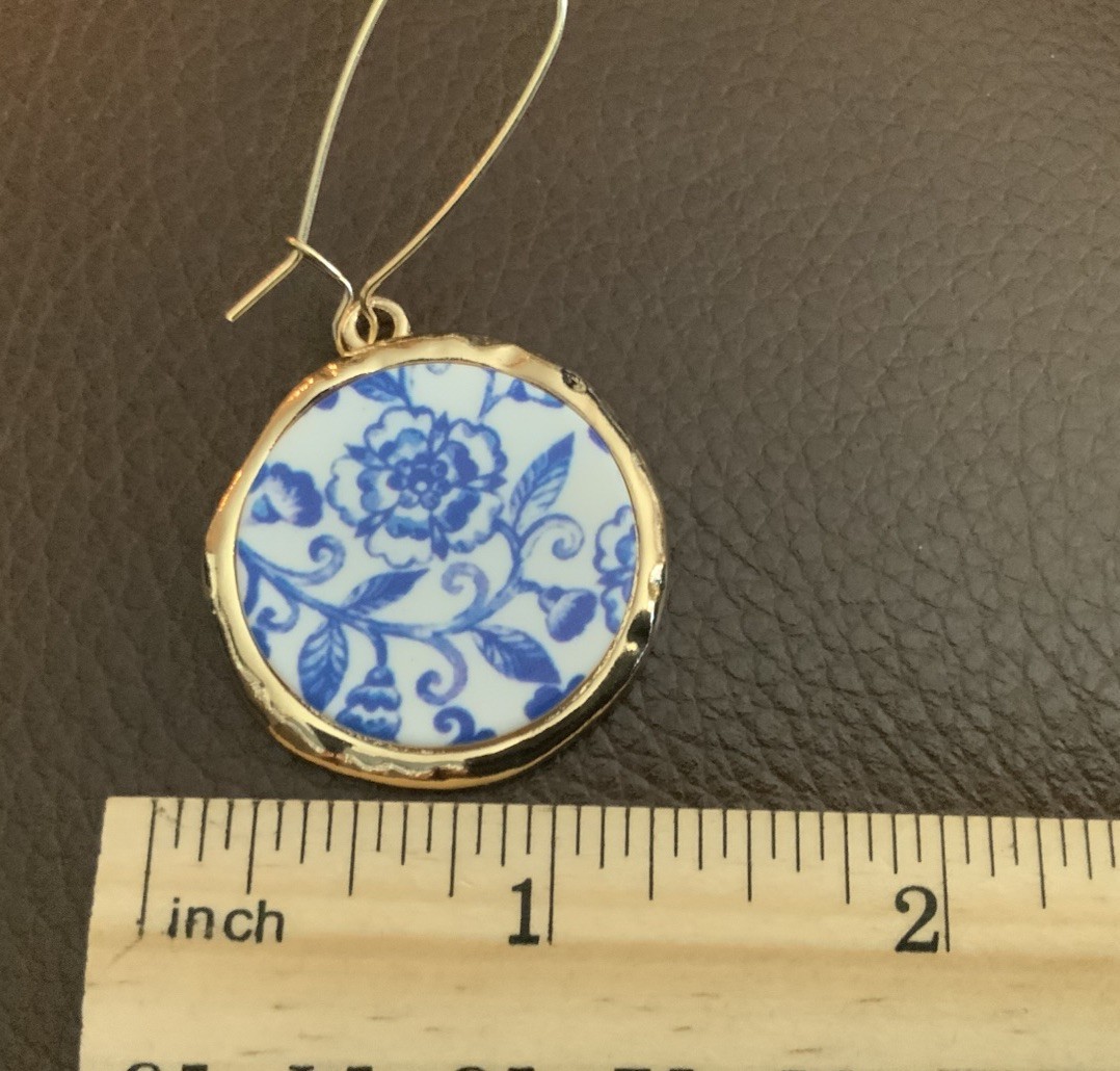 St. Thomas Flower Earrings Tile Porcelain Ceramic Blue Gold Hoop Boho Cruise