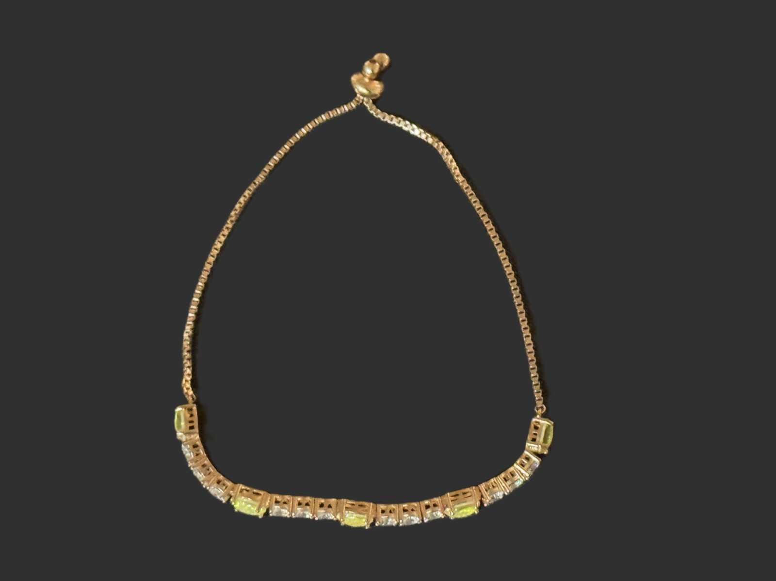 Rose Gold Tone Oval Peridot and White Stone Bolo Bracelet – adjustable