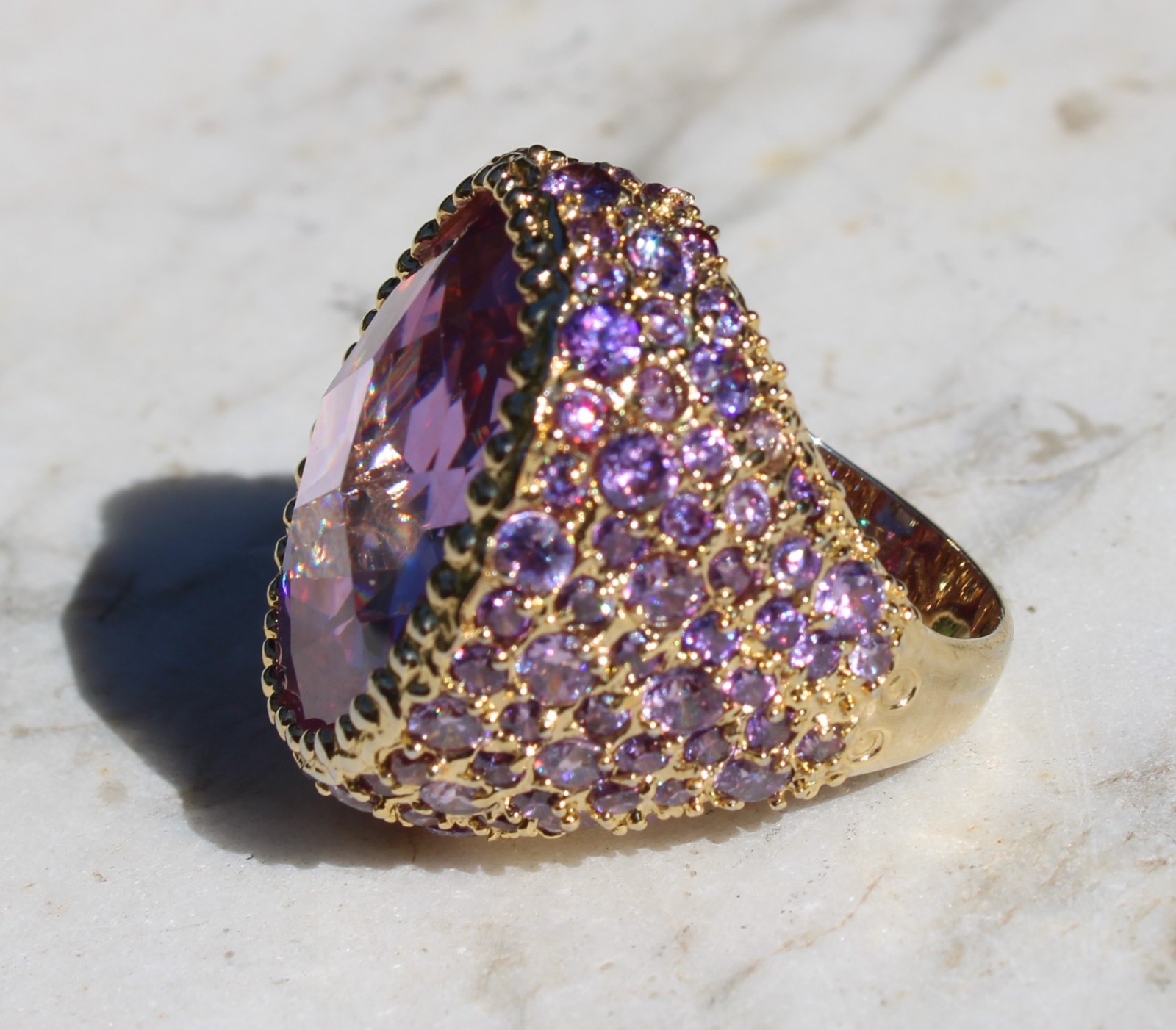 HSN IMAN Global Chic Brilliant Pink & Multi Purple Stones Knock Out Ring Size 7