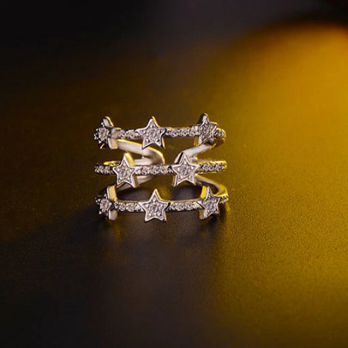 S925 Sterling Silver Or Rose Gold Multilayer Adjustable Ring Triple CZ Star Band