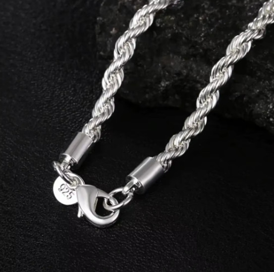 4mm Diamond Cut Solid 925 Sterling Silver Italian Rope Chain Men’s Necklace