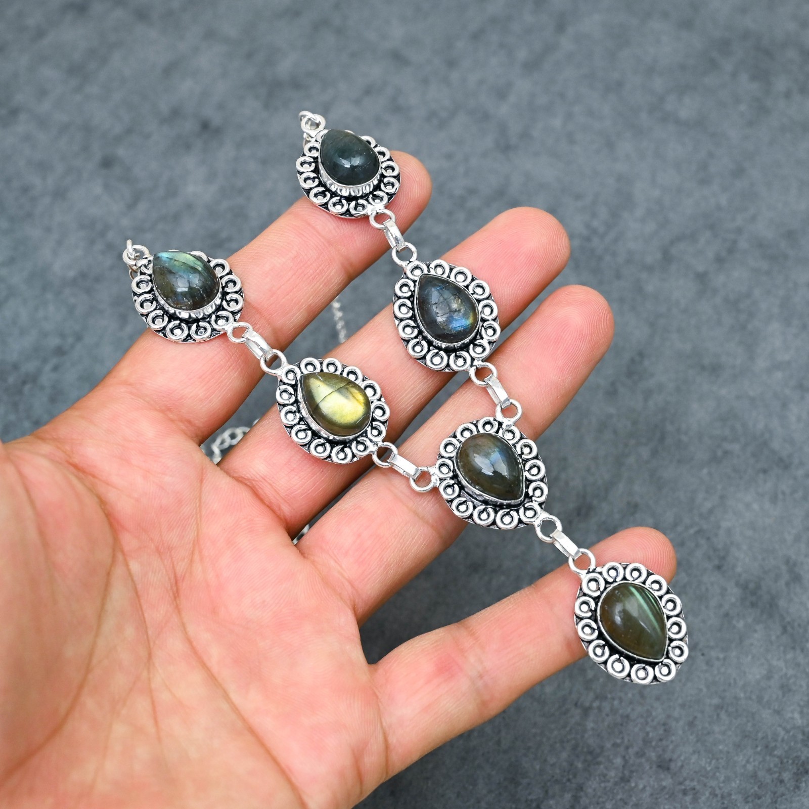 Silver Plated Labradorite Y-Necklace | Multi-Stone Milgrain Cabochon | Artisan