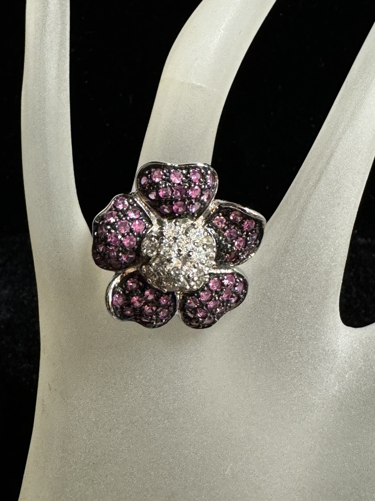 Cocktail Ring Sterling Silver .925 Purple Floral Pave Setting Size 6