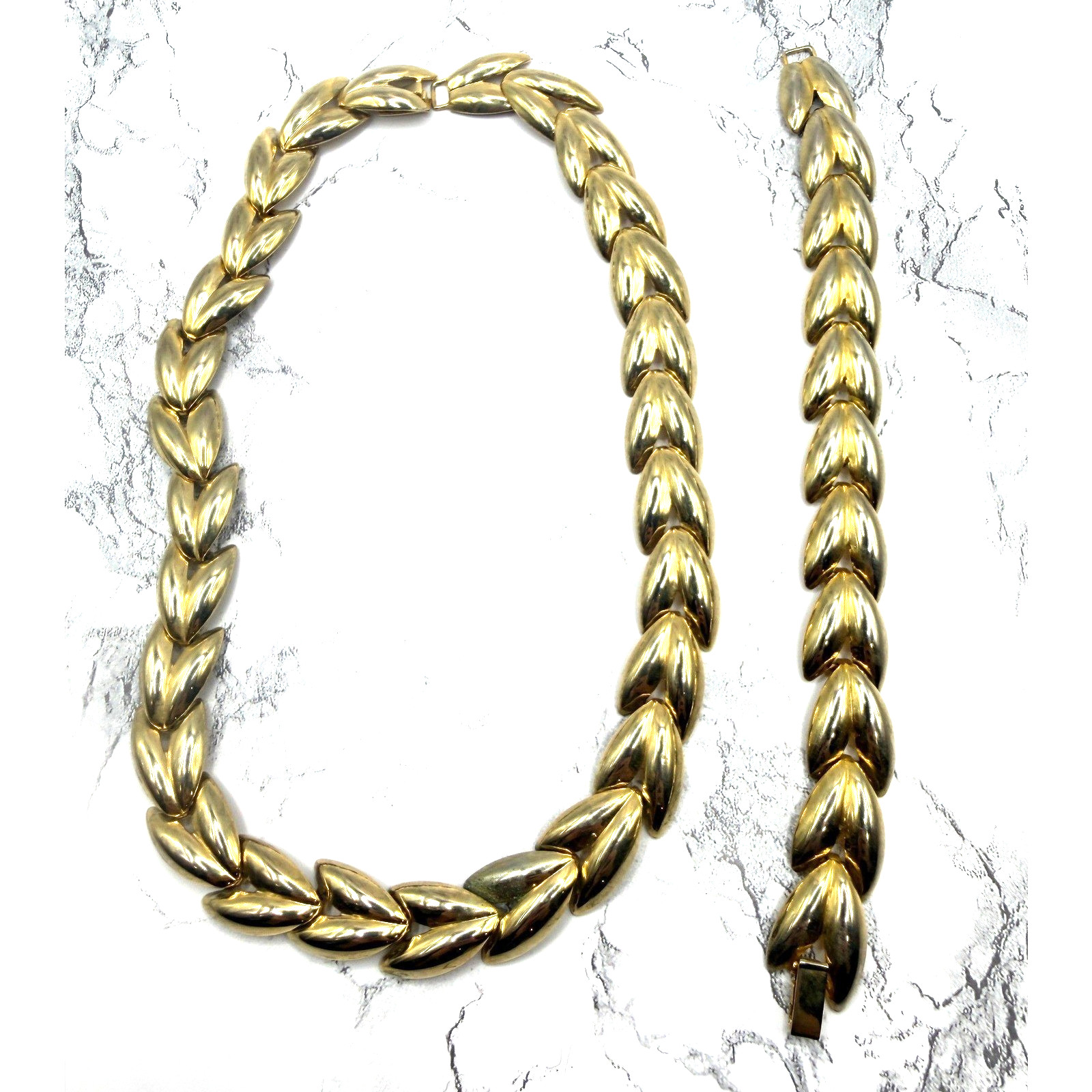 Vintage Bold & Gold Tone Marquise Link Necklace Bracelet Set Statement Jewelry