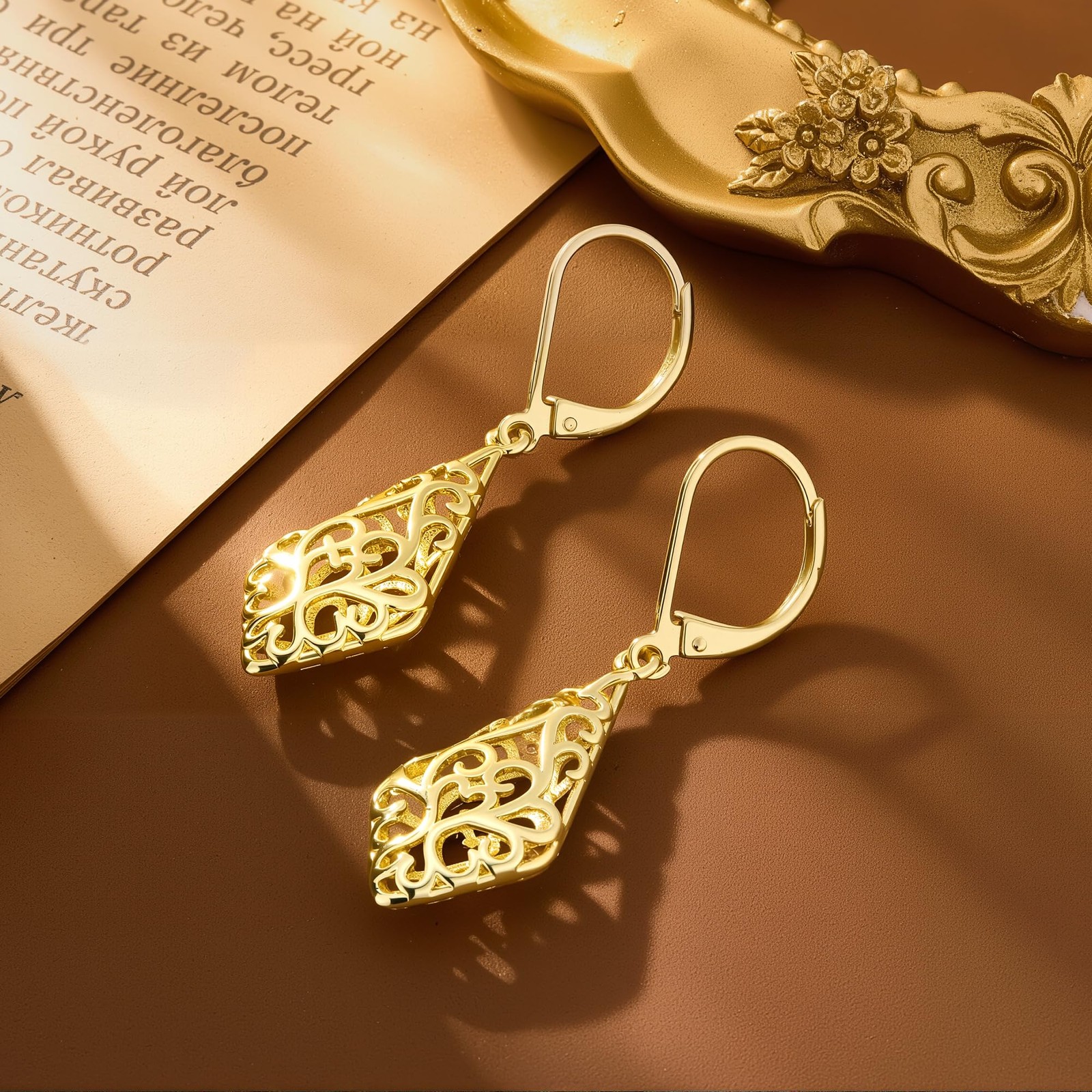 14K Gold Dangle Earrings for Women, Filigree Dangling Leverback Earrings, Gol