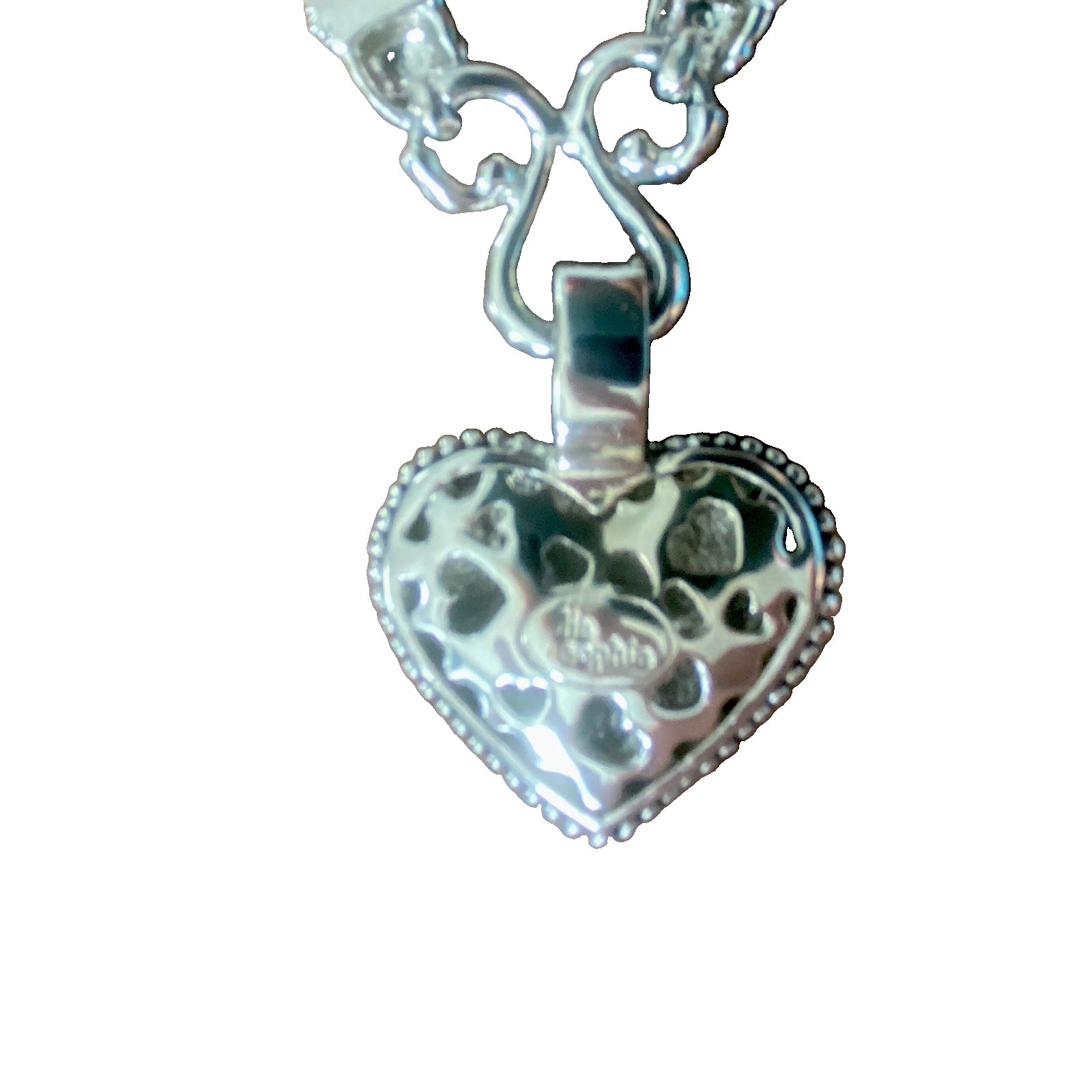 Silver Tone Snake Chain Necklace Heart Charm Pendant Pavé Crystal Adjustable