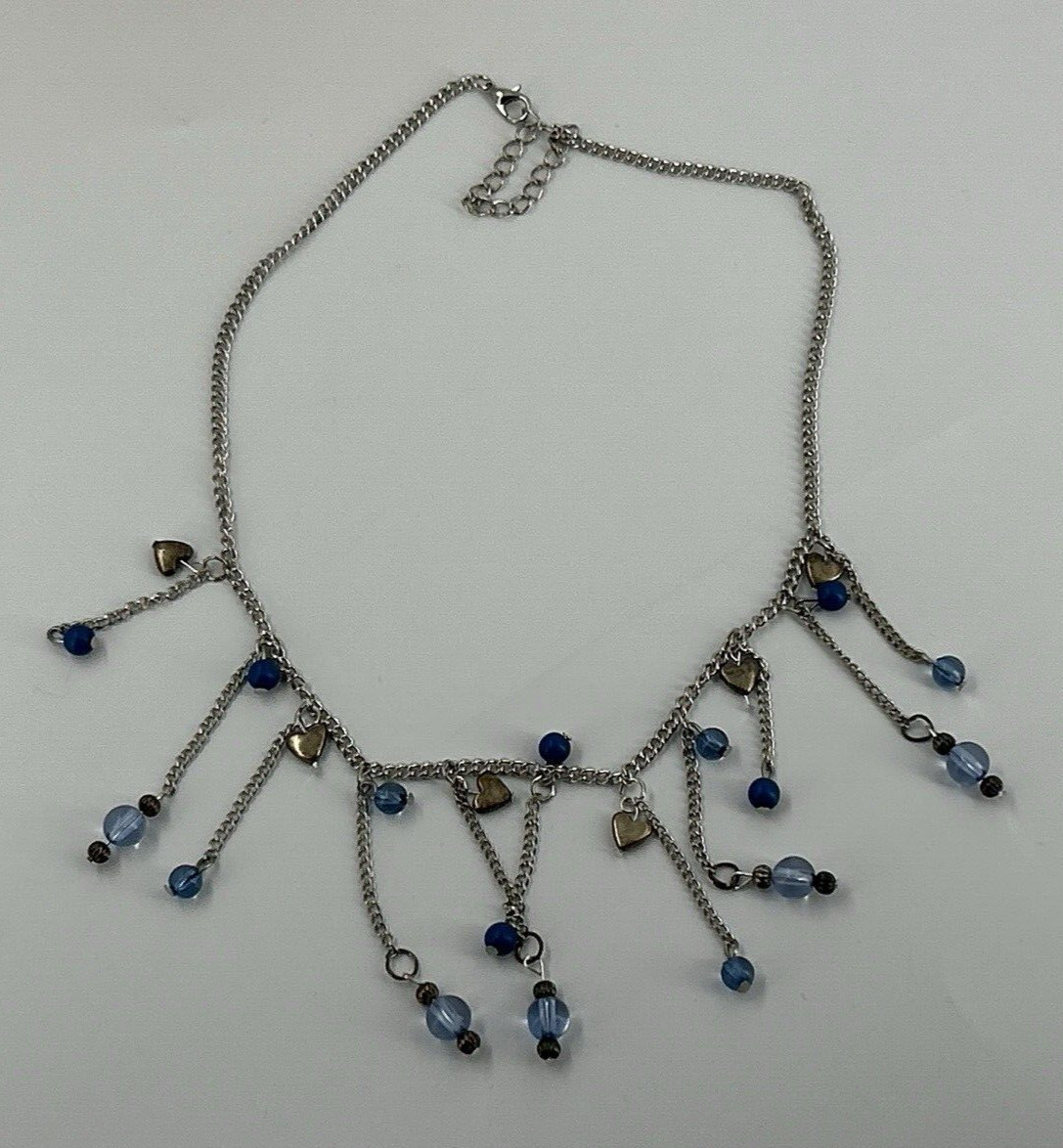 Silver Tone Blue Chandelier Choker Necklace Womens Bib Fringe Hearts Chain 17-19