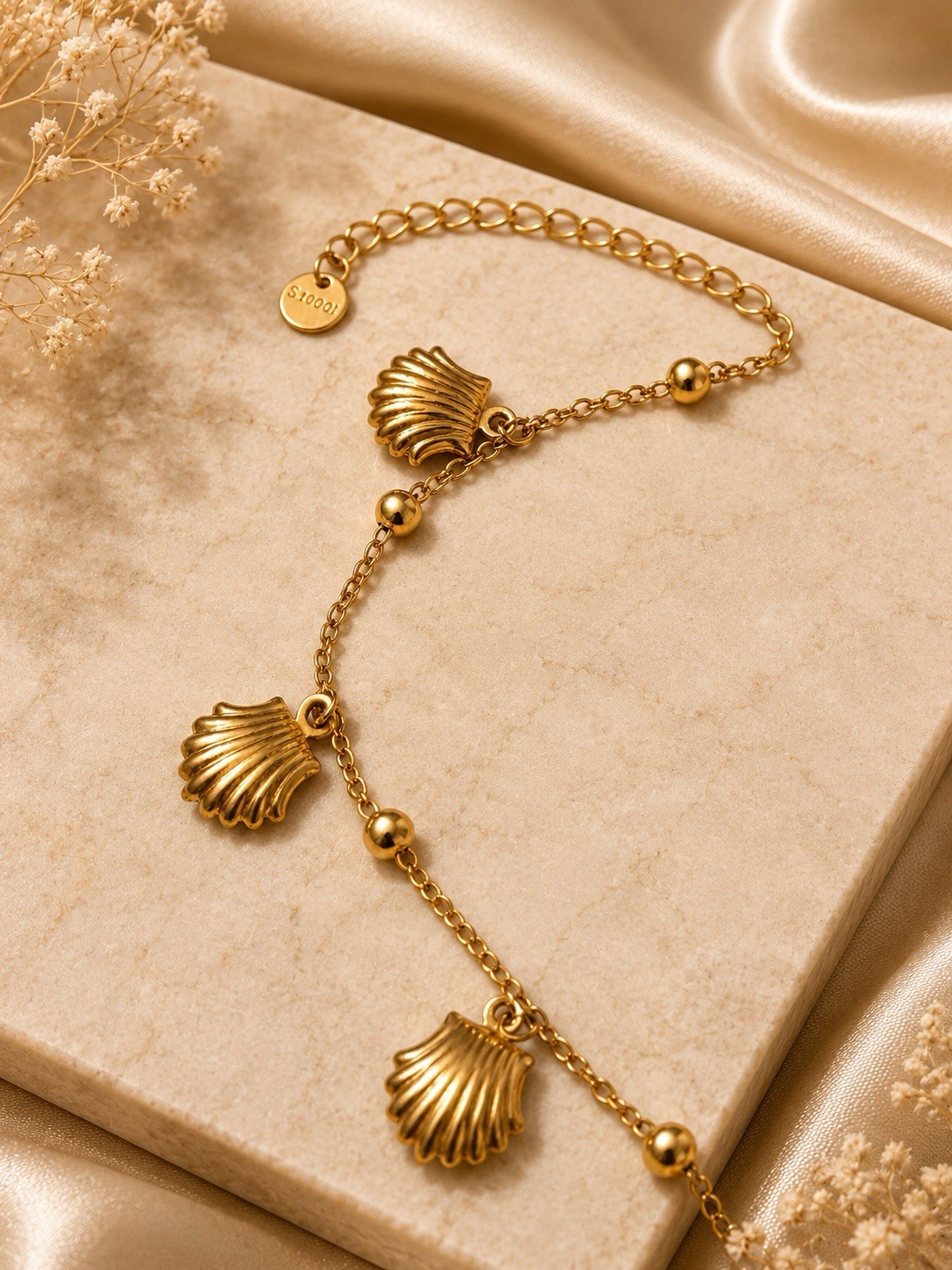 Gold Plated Cable Chain Seashell Dangle Charm Adjustable Bracelet Lobster