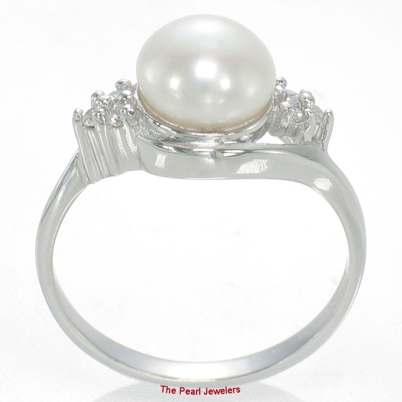 Solid 925 Silver White Cultured Pearl Ring w/ Cubic Zirconia Crown Accents – TPJ