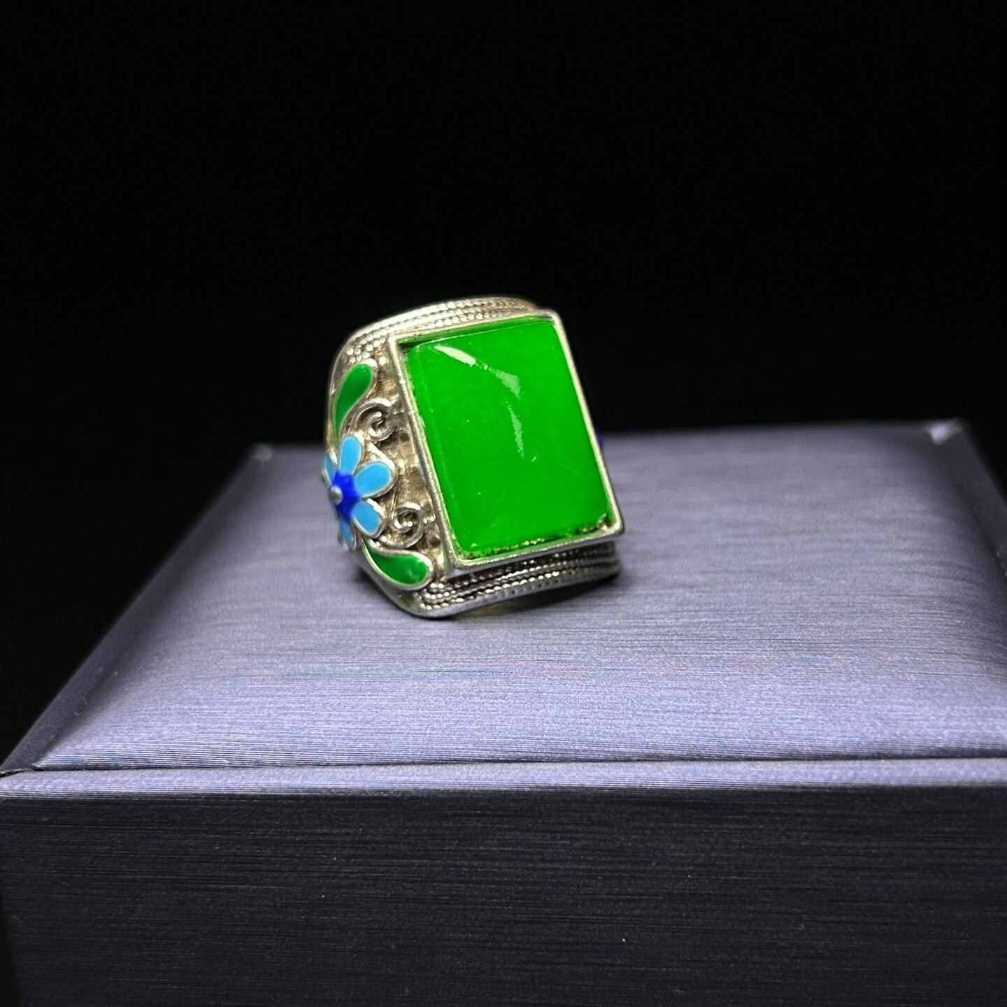 Certified Nature inlay ice green Burmese Jade Jadeite Amulet adjustable Rings