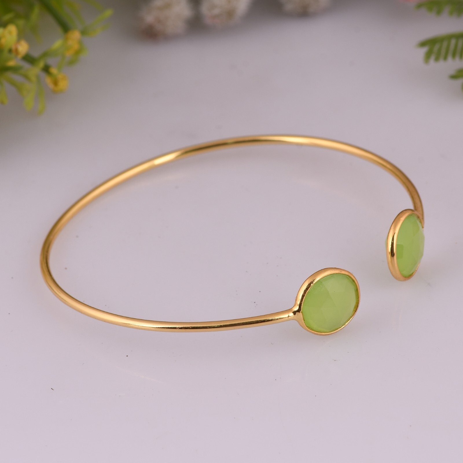 Gemstone Open Bangle Gold Plated Adjustable Cuff Bracelet With Green Prehnite
