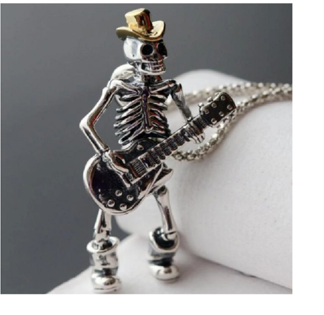 SKELETON GUITAR MUSIC pendant 24″ 925 Sterling Silver plated Necklace men women