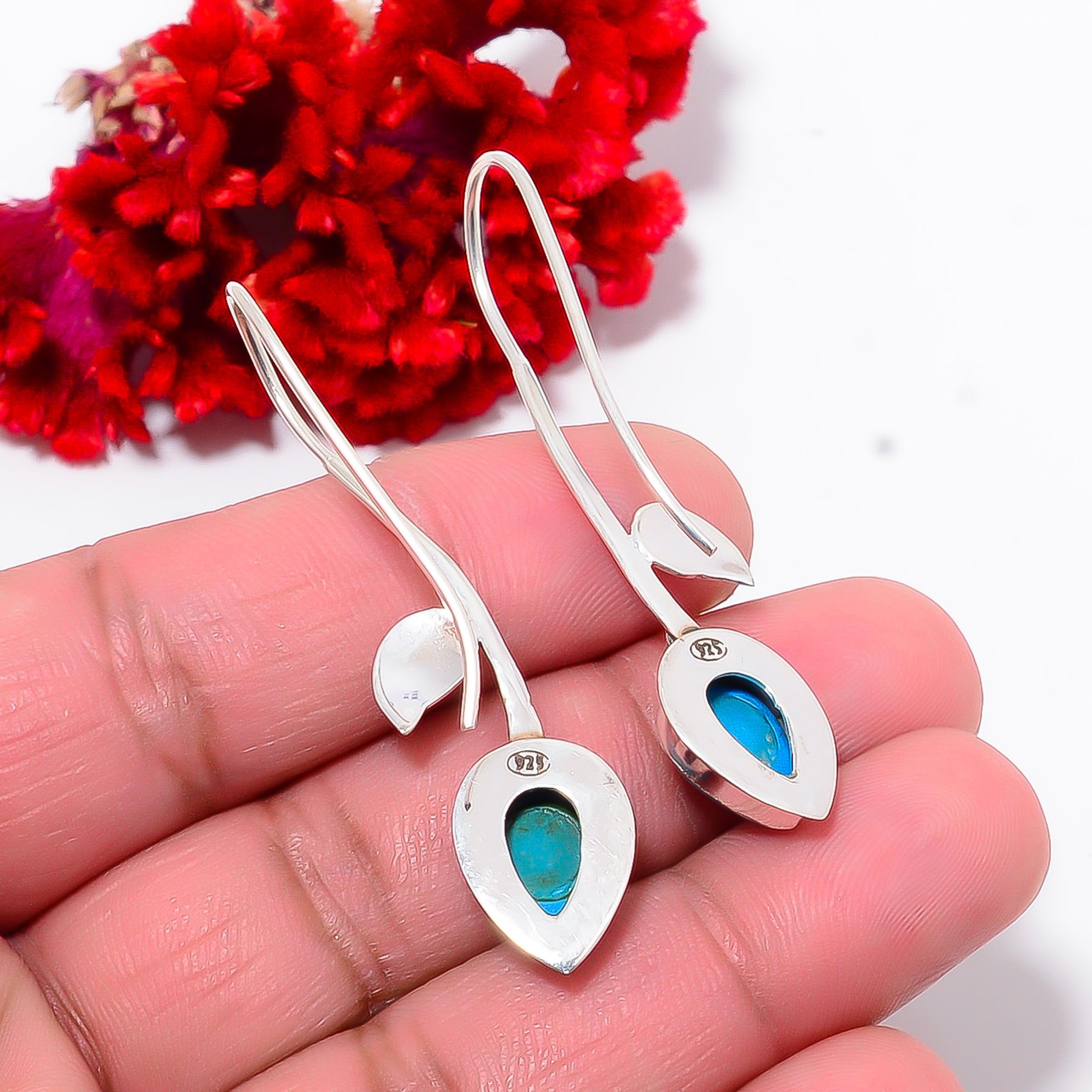 Sleeping Beauty Turquoise Designer Handmade 925 Sterling Silver Earring 2.07″ E0