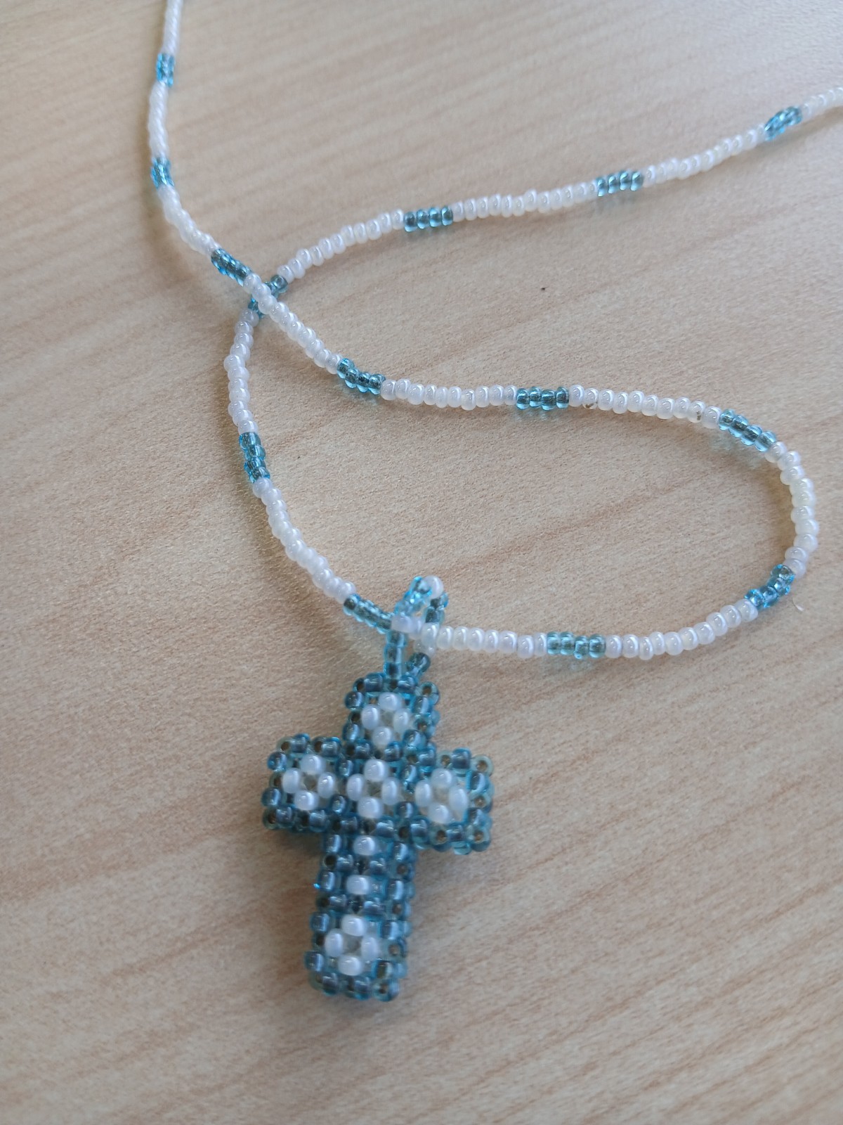 Blue White Beaded Necklace Cross Charm Pendant Ball/Bead Chain Lobster Clasp