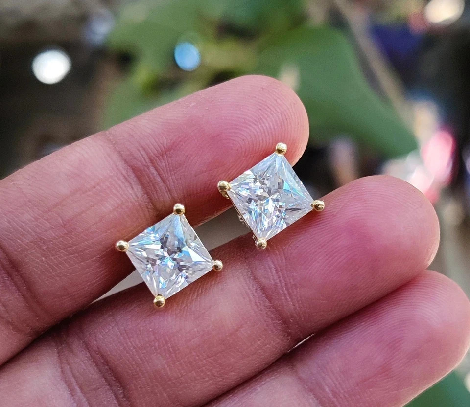 1.00Ct Princess Cut Moissanite Solitaire Stud Earrings 14K Yellow Gold Plated