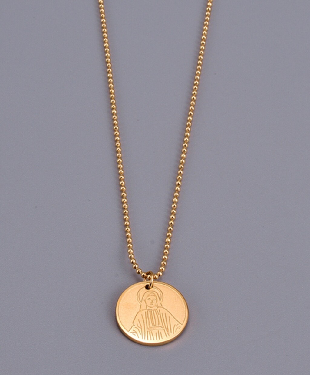 Women Girl Titanium Stainless Steel Our Lady of Mary Round Gold Coin Necklace
