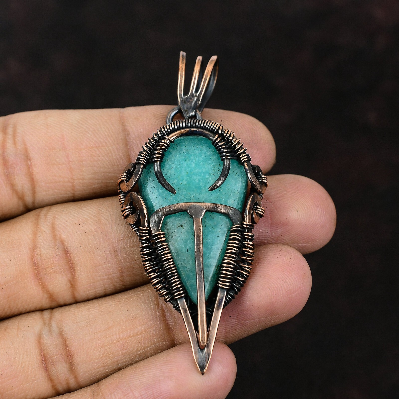 Amazonite Gemstone Jewelry Copper Gift For Mother Wire Wrapped Pendant 2.64″
