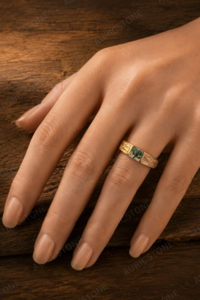 Lab Created Green Moss Agate Ring, Base Metal: Brass Finish: Gold Plated