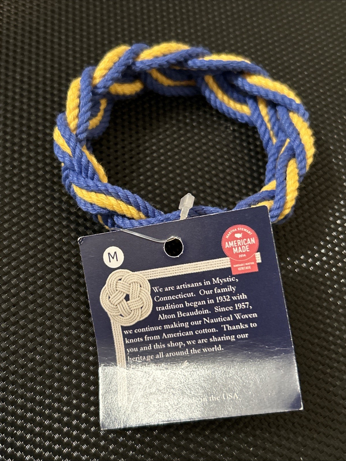 Mystic Knit Work Sailor Rope Bracelet, Nautical Stripe Blue & Yellow Size Medium