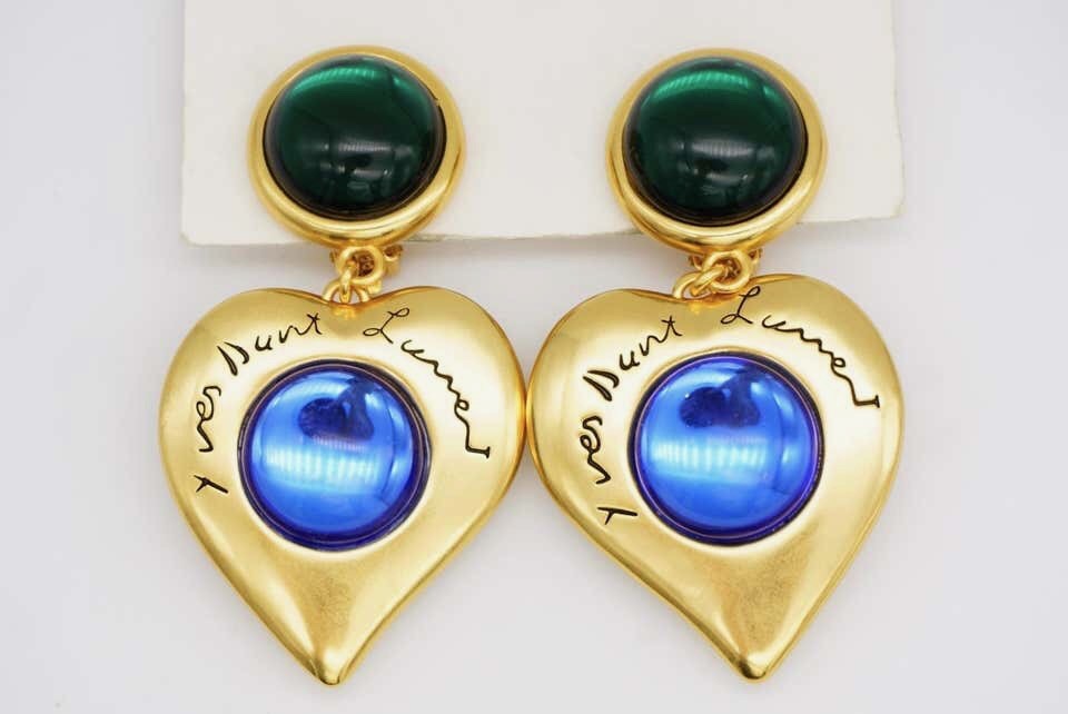 Yves Saint Laurent YSL Gripoix Emerald Sapphire Heart Logo Double Drop Earrings
