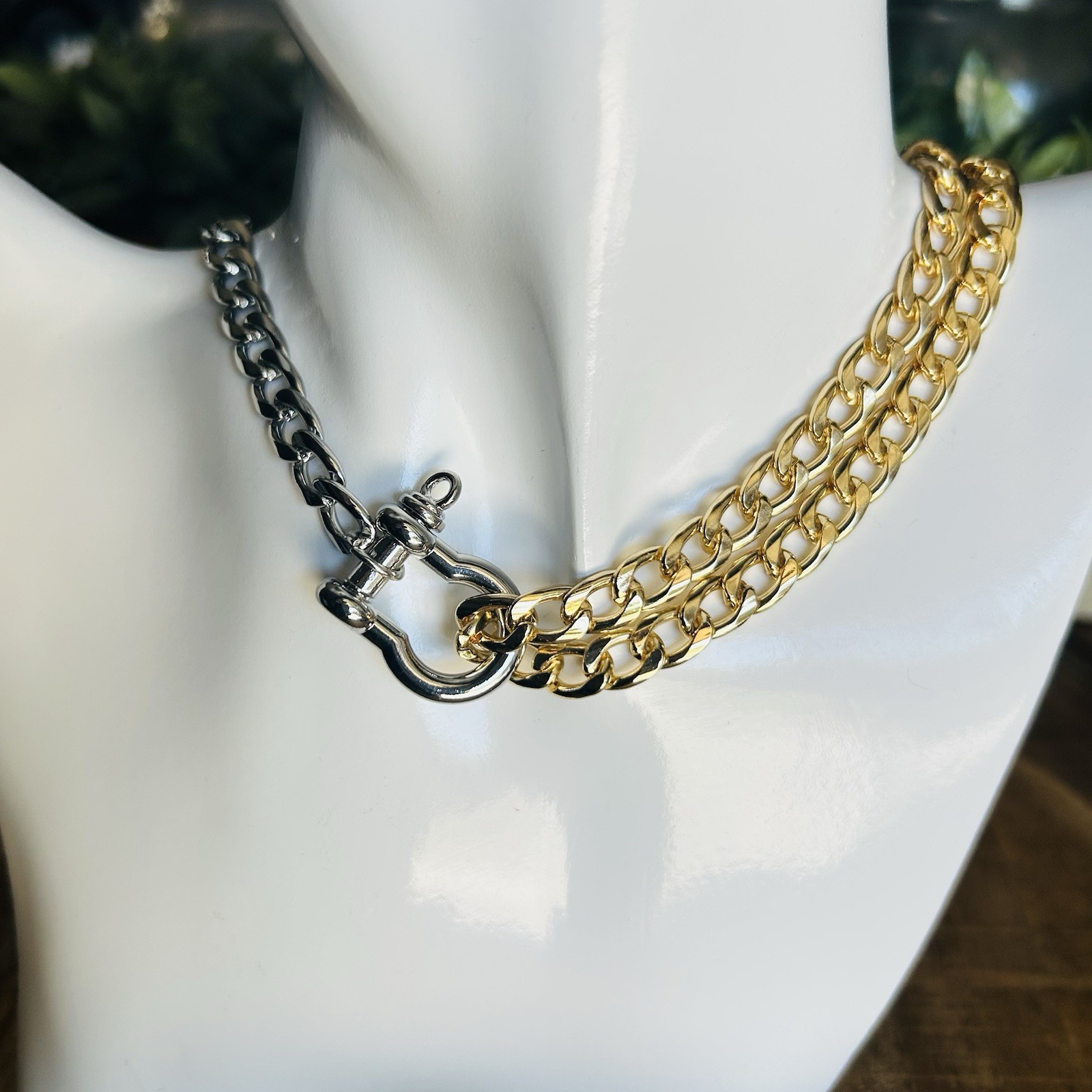 Edgy Mixed Metal Silver & Gold Dual Chain w/ Industrial Style Shackle Clasp
