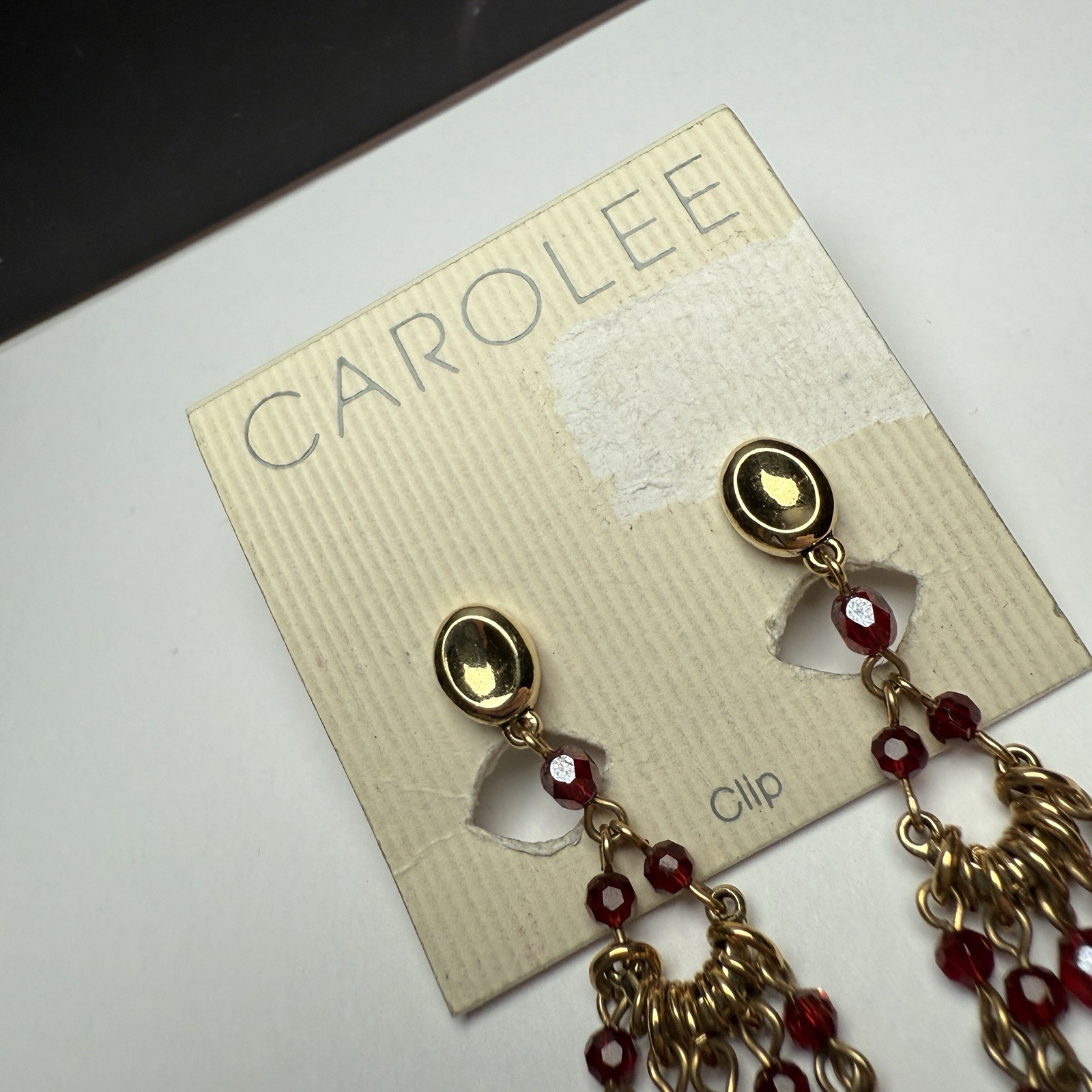 Carolee Red Beaded Chandelier Dangle Drop Earrings Clip-on Gold Tone NWT