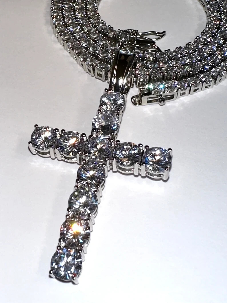 Eye-Clean White Cubic Zircon Cross Necklace 20 Inch 925 Sterling Silver Jewelry