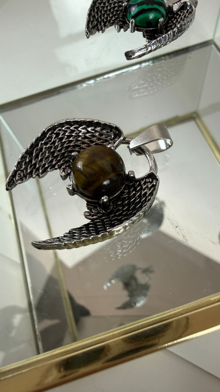 Angel Wing Tiger’s Eye Pendant | Silver Tone Fantasy Gothic Jewelry