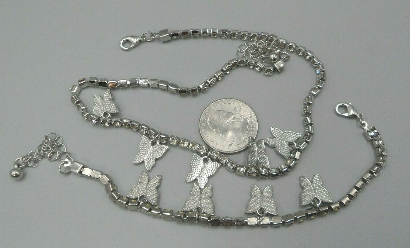 2 Piece Butterfly Jewelry Set: Necklace and Anklet Silver Tone Rhinestone