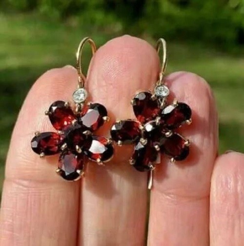 4Ct Lab Created Red Garnet Drop Dangle Flower Hook Earrings 14K Yellow Gold Over