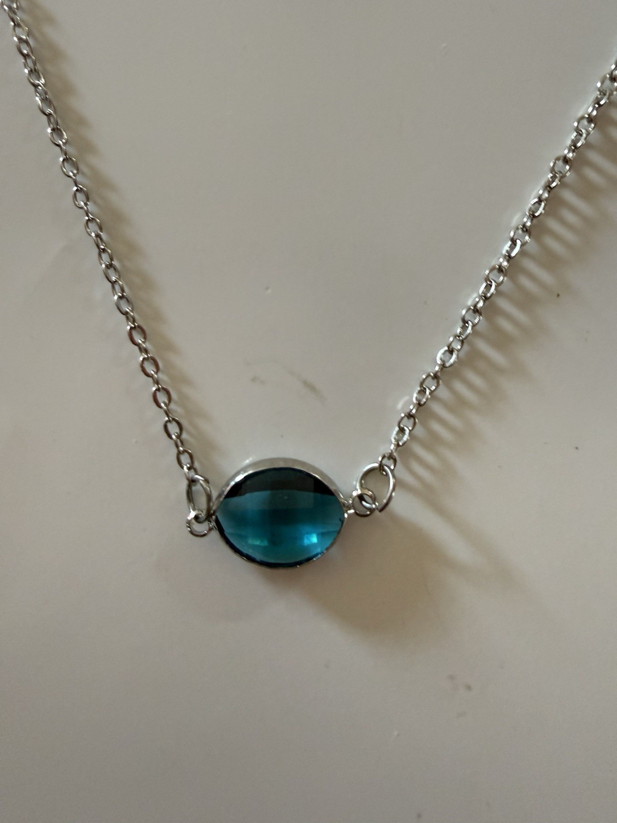 Minimalist Silver Tone Necklace with Round Blue Glass/Stone Pendant