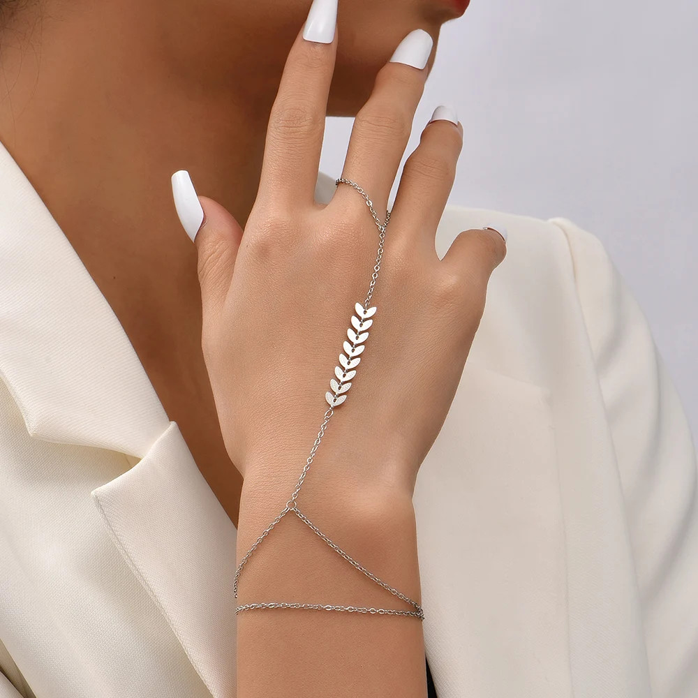 Gold Tone Chain Bracelet with Finger Ring Link Hand Harness Jewelry Women 1 Pc